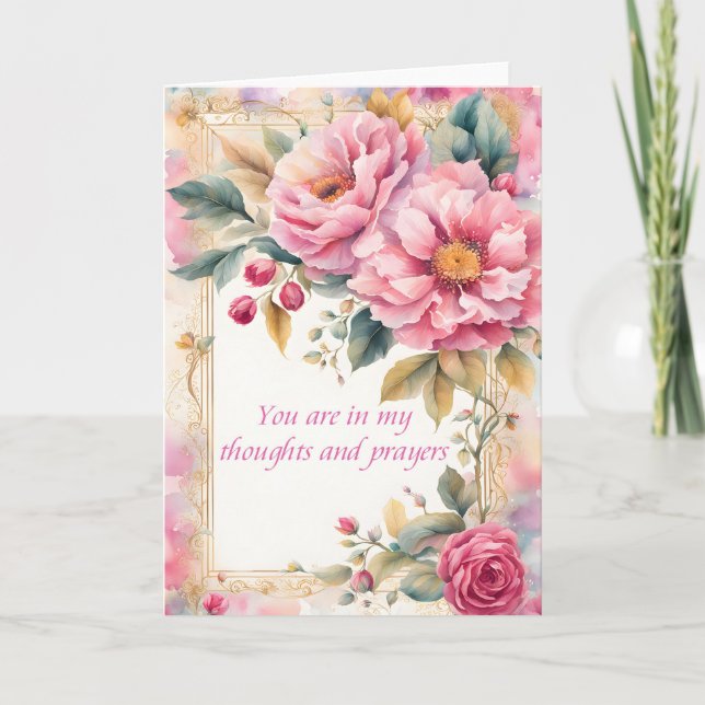 Carte Fleurs aquarelles roses Pensées et prières (Devant)