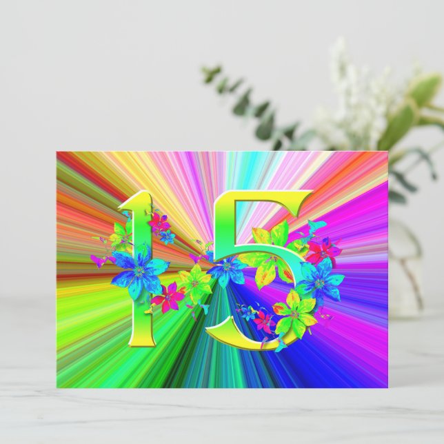Carte Fleurs arc-en-ciel florissantes pour 15e anniversa (Debout devant)