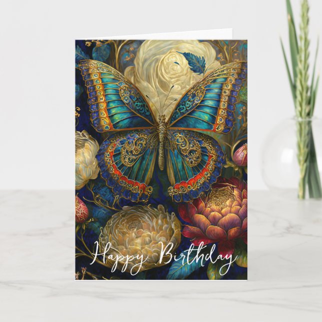 Carte Fleurs baroques et papillon anniversaire (Devant)