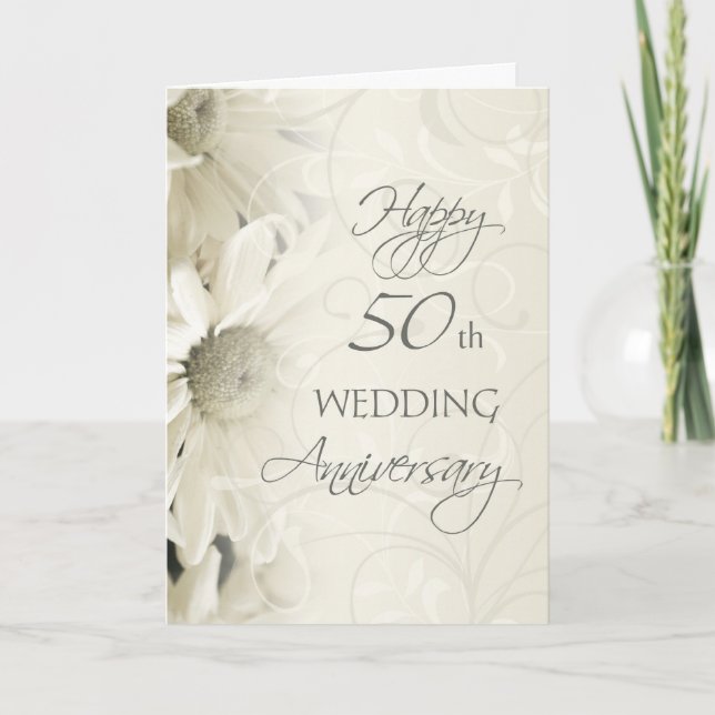 Carte Fleurs blanches Bonne 50e anniversaire Mariage Car (Devant)