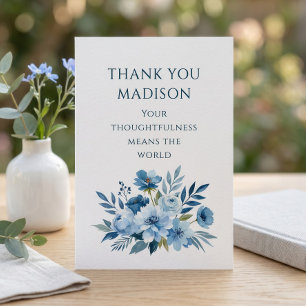Carte Fleurs bleues aquarelle Nom Merci