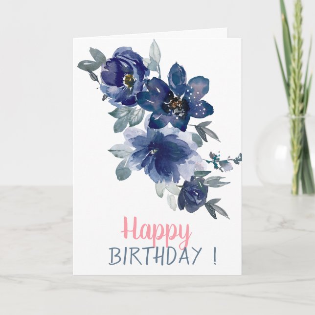 Carte Fleurs Bleues Aquarelles Adorables Anniversaire (Devant)