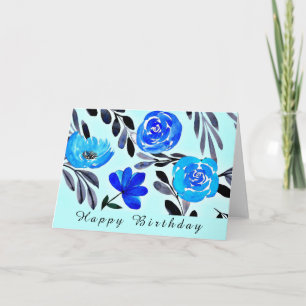 CARTE FLEURS BLEUES EAU COULEUR ART ANNIVERSAIRE
