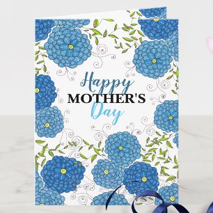 Carte Fleurs Bleues Ornées et Fête des Mères Feuilles Ve
