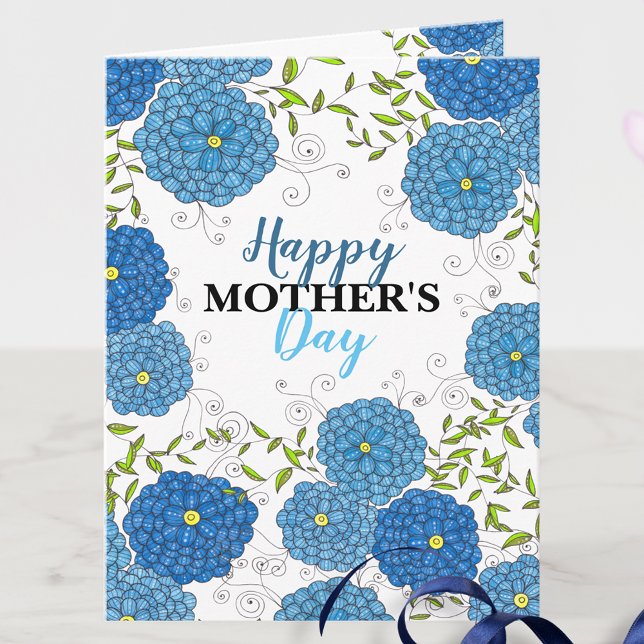 Carte Fleurs Bleues Ornées et Fête des Mères Feuilles Ve (Créateur téléchargé)