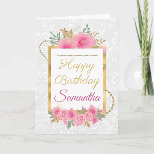 Carte Fleurs Citrouilles roses Gold Foil Anniversaire (Devant)