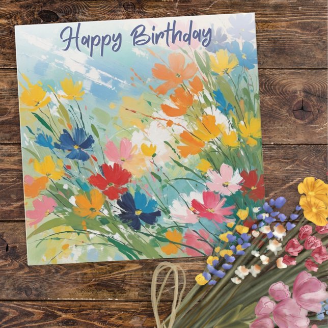Carte Fleurs colorées Joli Floral Joyeux Anniversaire (A birthday card with a picture of flowers in a watercolour style)