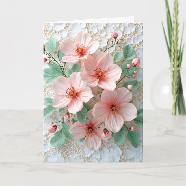 Carte Fleurs Cosmos Roses Sur Dentelle Bridale Blanche (Devant)