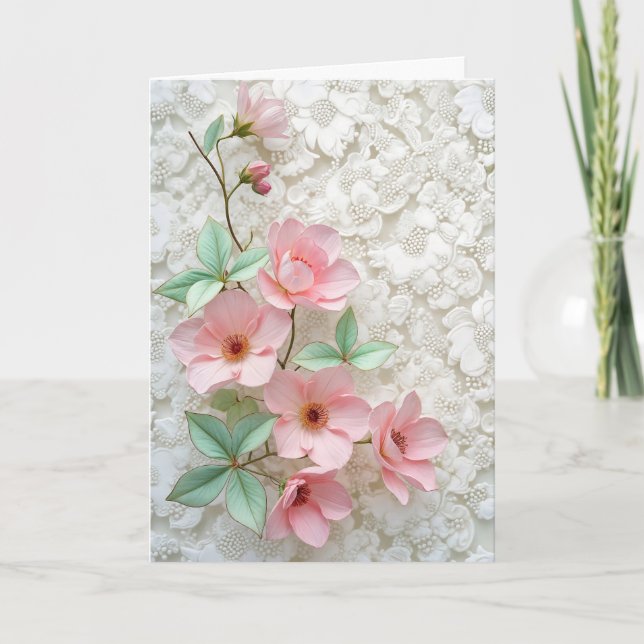 Carte Fleurs Cosmos Roses Sur Dentelle Bridale Blanche (Devant)