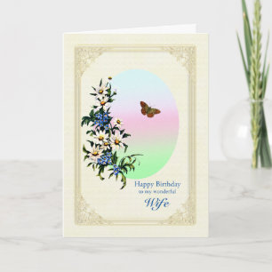 Carte Fleurs d'anniversaire de femme et papillon