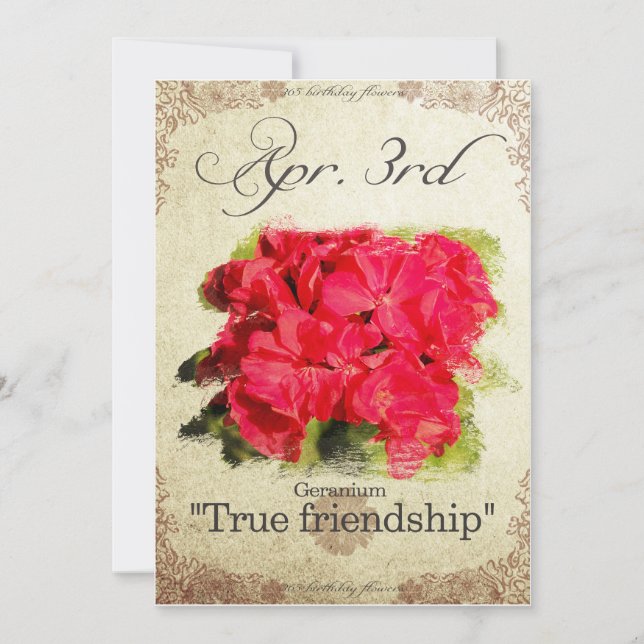 Carte Fleurs d'anniversaire le 3 avril "Geranium" (Devant)