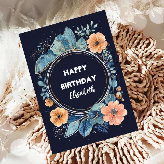 Carte Fleurs d'aquarelle bleu et orange Anniversaire (Créateur téléchargé)