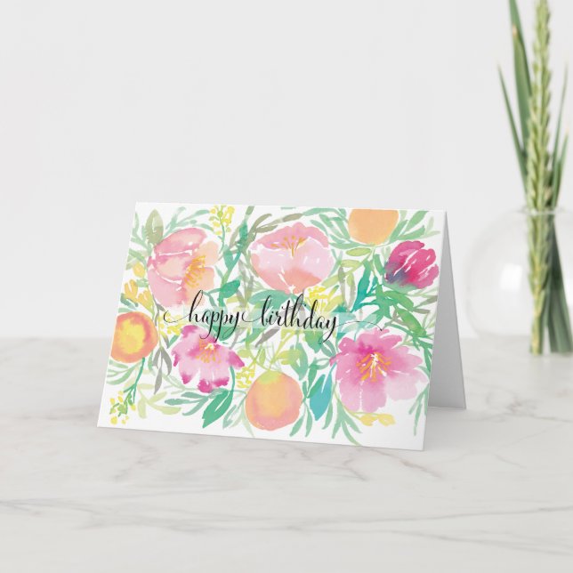 Carte Fleurs d'aquarelle et pêches Joyeux anniversaire (Devant)