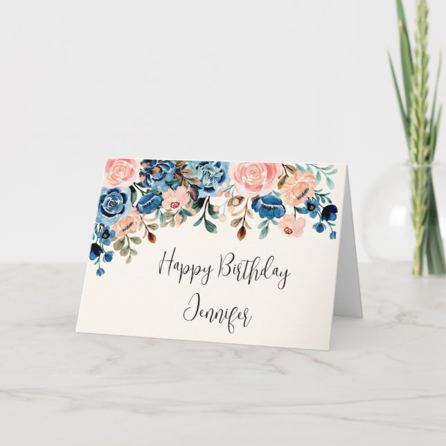 Carte Fleurs d'aquarelle rose et bleu Anniversaire (Devant)