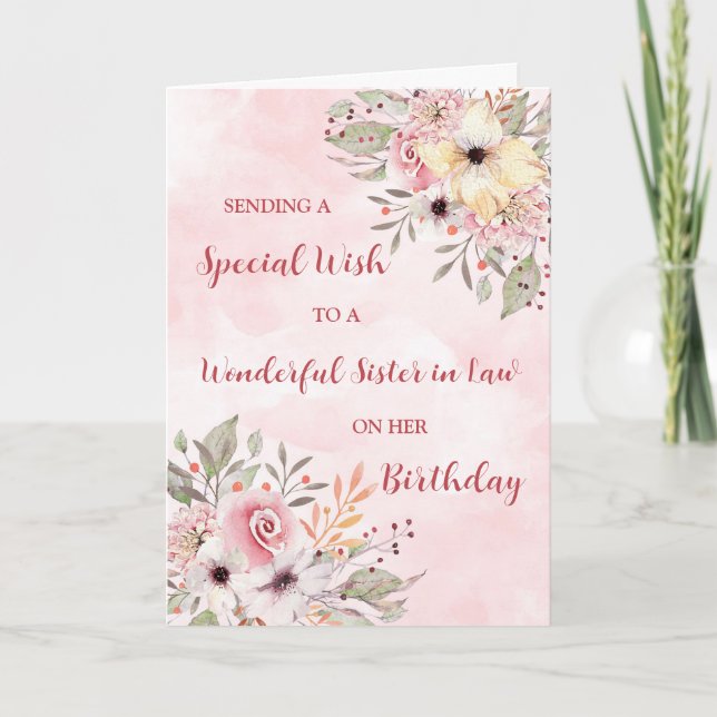 Carte Fleurs d'aquarelle rose Soeur en droit Anniversair (Devant)