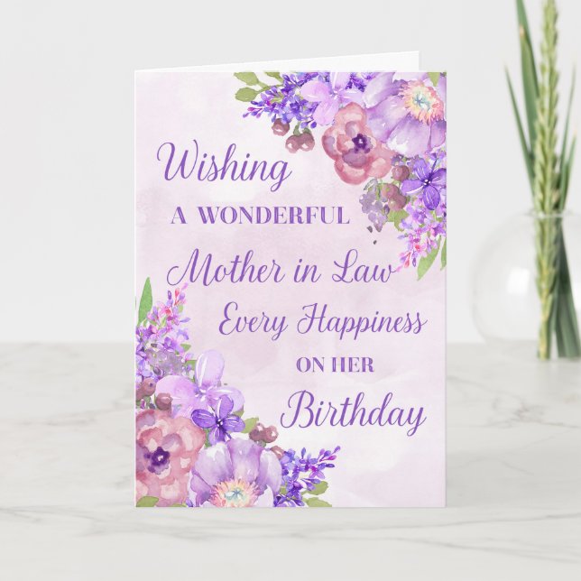 Carte Fleurs d'aquarelle violette Mère en droit Annivers (Devant)