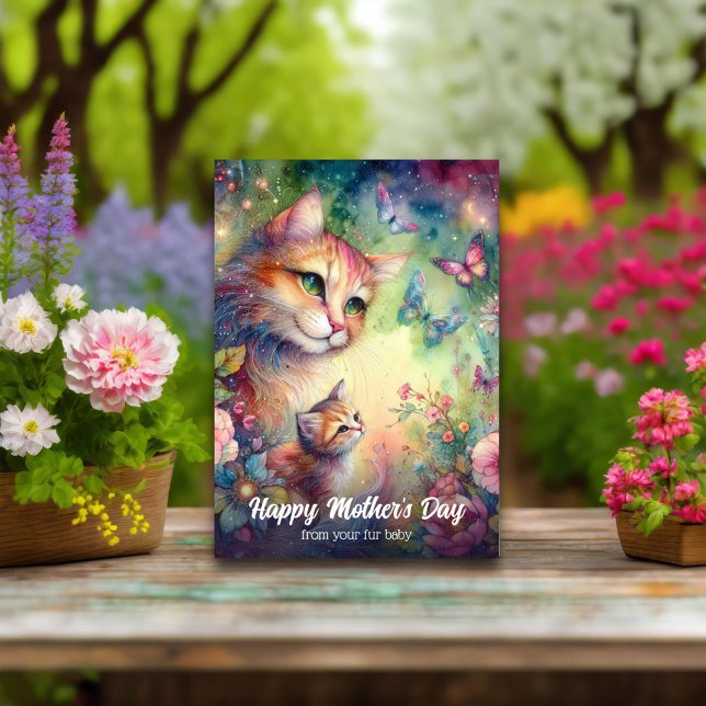 Carte Fleurs d'aquarelle Whimsical Chat Fête de la Mère  (Créateur téléchargé)