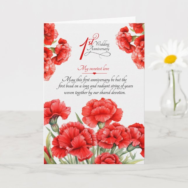 Carte Fleurs de Carnations Rouges pour 1ère Anniversaire (Petite plante)