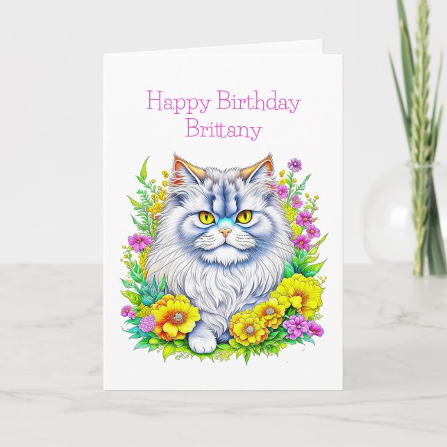 Carte Fleurs de chats persanes Anniversaire personnalisé (Devant)
