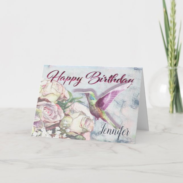 Carte Fleurs de colibri et nom de joyeux anniversaire (Devant)
