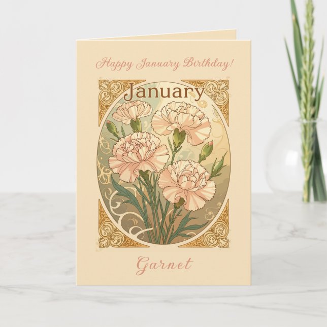 Carte Fleurs de Dianthus roses d'anniversaire de janvier (Devant)