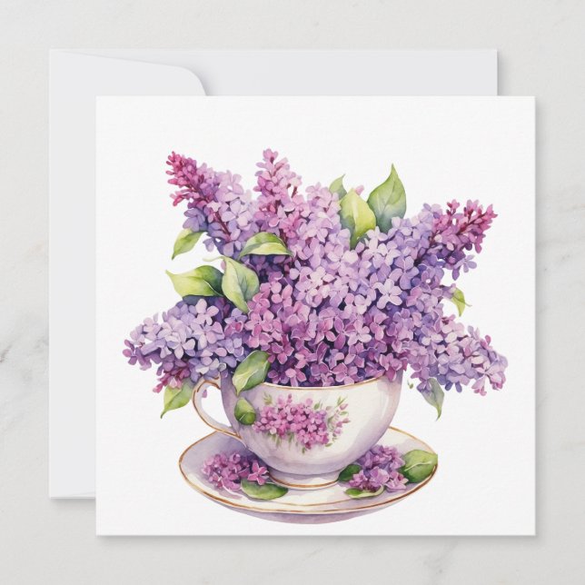 Carte Fleurs de lilas en fleurs dans une tasse à thé (Devant)