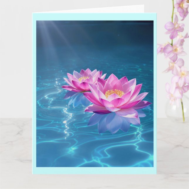 Carte Fleurs de Lotus rose flottant sur l'eau bleu crist (Orchidée)