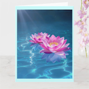 Carte Fleurs de Lotus rose flottant sur l'eau bleu crist