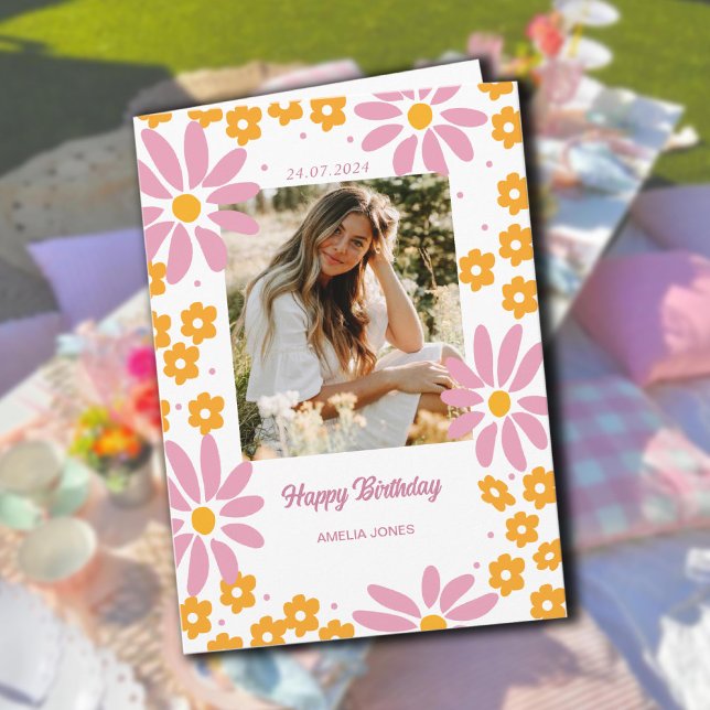 Carte Fleurs de marguerite chaudes Photo Joyeux Annivers (Daisy Warm Florals Photo Happy Birthday Card)