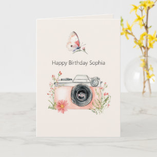 Carte Fleurs de pêche rose caméra anniversaire
