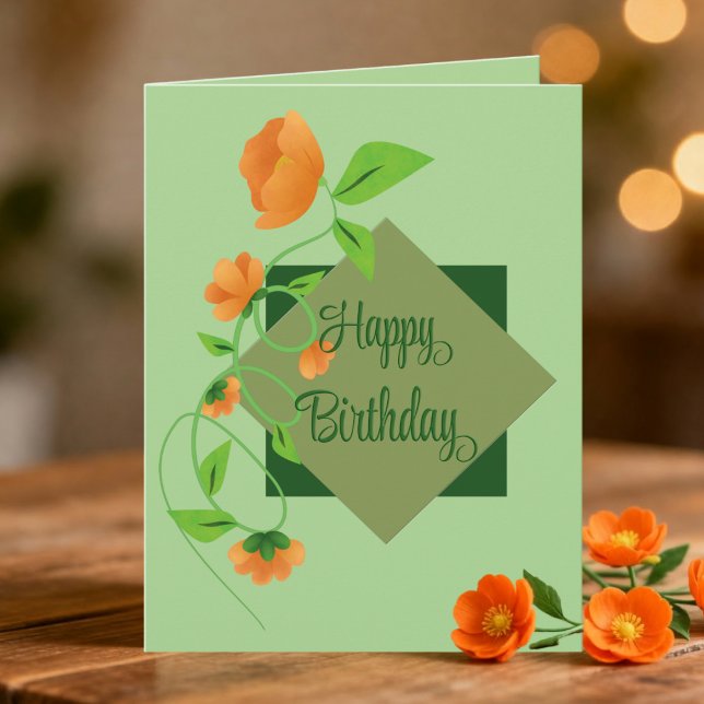 Carte Fleurs de Pêcher sur Diamant Vert Anniversaire (Say it with flowers. Elegant green and peach hand drawn design with custom message inside. )