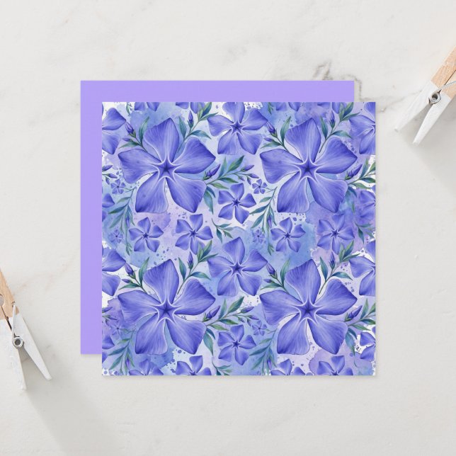 Carte Fleurs de Pervenche Bleu Violet Vinca (Devant/Arrière en situation)