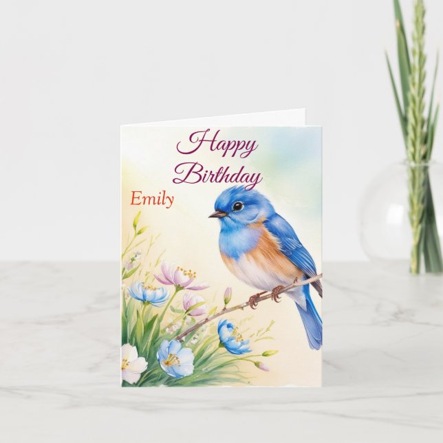 Carte Fleurs de printemps d'oiseaux bleus personnalisées (Devant)