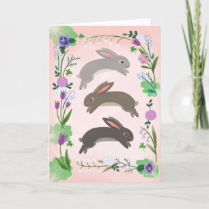 Carte Fleurs de printemps et lapins bondissants  