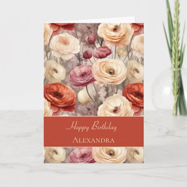Carte Fleurs de Ranunculus Crème Rose Rouge Anniversaire (Devant)