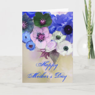 CARTE FLEURS DE ROSES BLANCHES BLEUES ET ANÉMONES DE LA