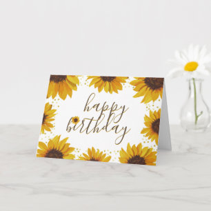 Carte Fleurs de soleil aquarelle et points d'or Joyeux a