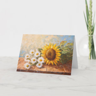 Carte Fleurs de soleil et marguerites sur table rustique