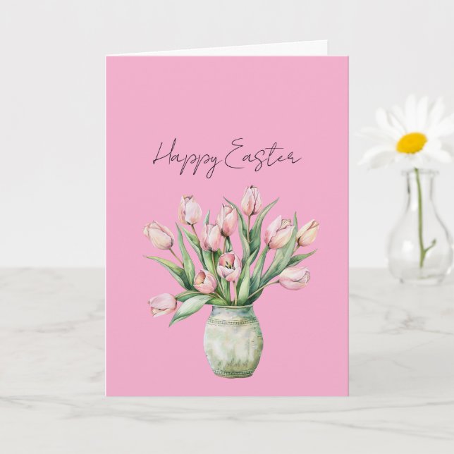 Carte Fleurs de tulipes rose blush vase vert Pâques (Petite plante)