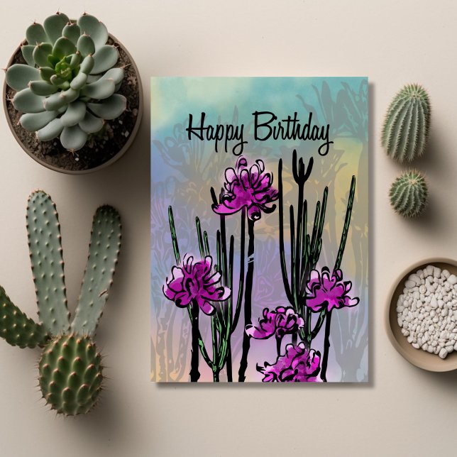 Carte Fleurs Désertiques Modernes Anniversaire (Unique Birthday Cards: Geometric and Flat Art styles featuring florals, animals, and modern designs
)