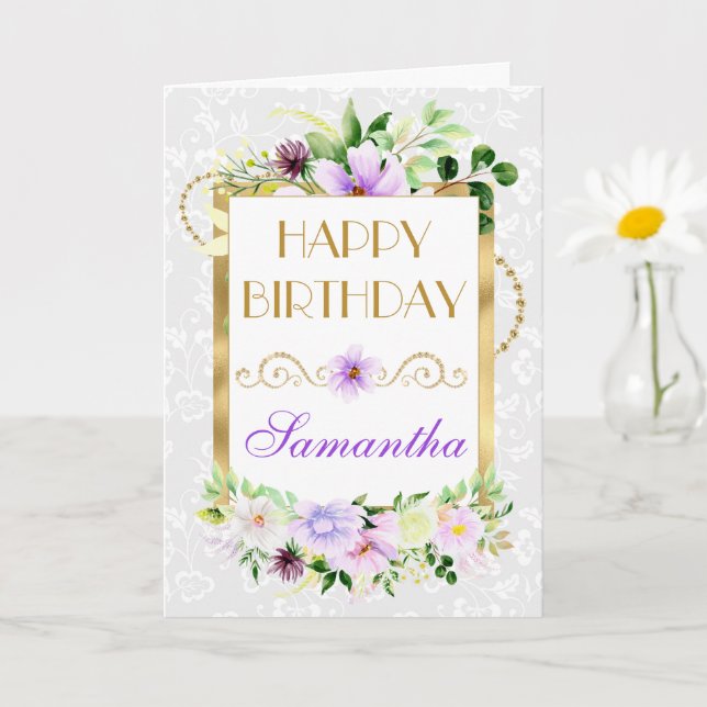 Carte Fleurs d'été violettes et crème avec anniversaire  (Petite plante)