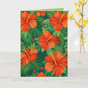 Carte Fleurs d'Hibiscus Rouge Orange Vert Feuillage Jung