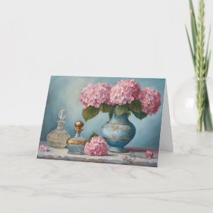 Carte Fleurs d'hortensia roses et flacons de parfum vint