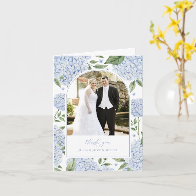 Carte Fleurs d'Hydrangea Bleu Mariage Photo Merci (Fleur jaune)