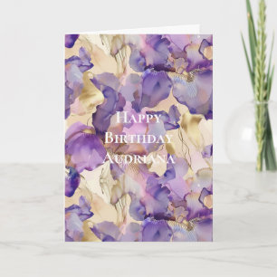 Carte Fleurs d'Iris Abstraites Or Blanc Violet Anniversa