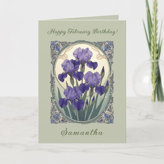 Carte Fleurs d'iris de naissance de février Art Nouveau  (Devant)