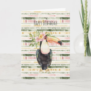 Carte Fleurs d'oiseau toucan rayures vert jaune rose