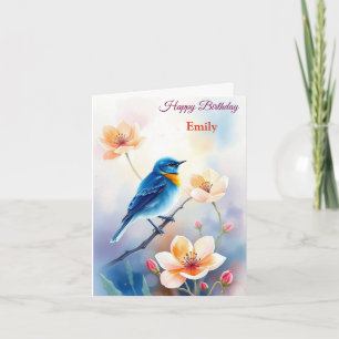 Carte Fleurs d'oiseaux bleues personnalisées Aquarelle a