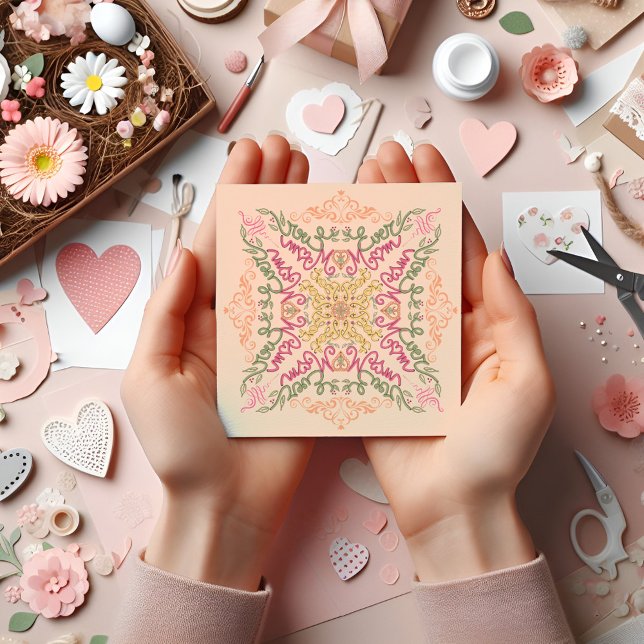 Carte Fleurs Douce pêche kaléidoscopique Écriture Meille (Best Mom Ever manuscript doodle Seamless Fractal Mothers Day CARD)