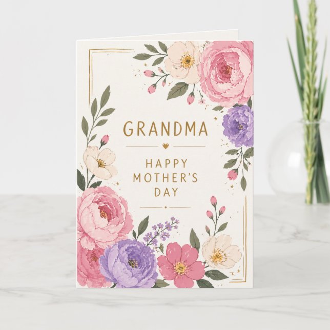 Carte Fleurs Élégantes Grand-mère Rose Violet Fête des M (Devant)